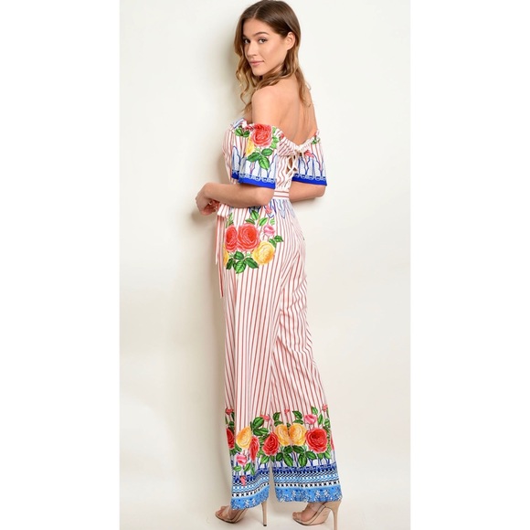 ⛔️SOLD⛔️STRIPES & RUFFLES OFF SHOULDER JUMPSUIT - Picture 5 of 7